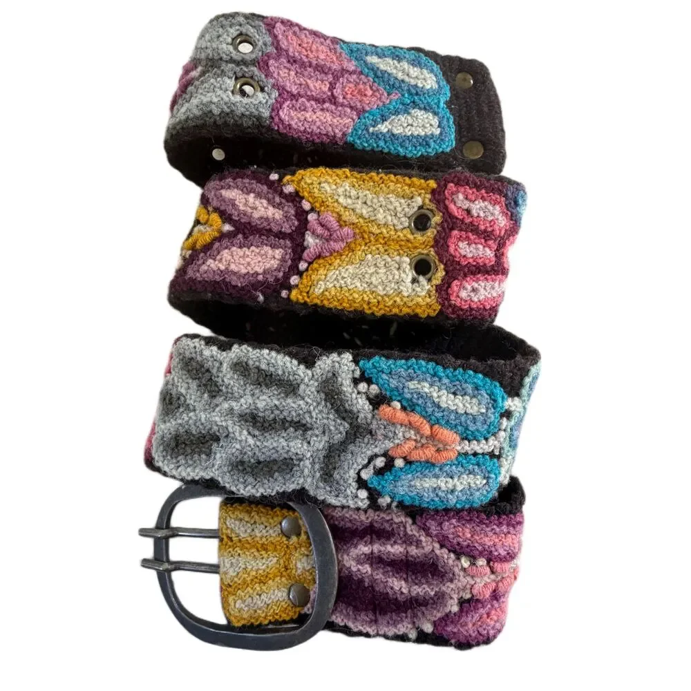 Peruvian Needlepoint Wool Wide Belt Size M Colorful Floral Purple Gold Blue Pink